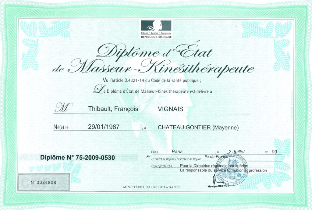 Dipl&ocirc;me d&rsquo;&Eacute;tat de masseur-kin&eacute;sith&eacute;rapeute de Thibault Vignais d&eacute;livr&eacute; par la R&eacute;publique fran&ccedil;aise